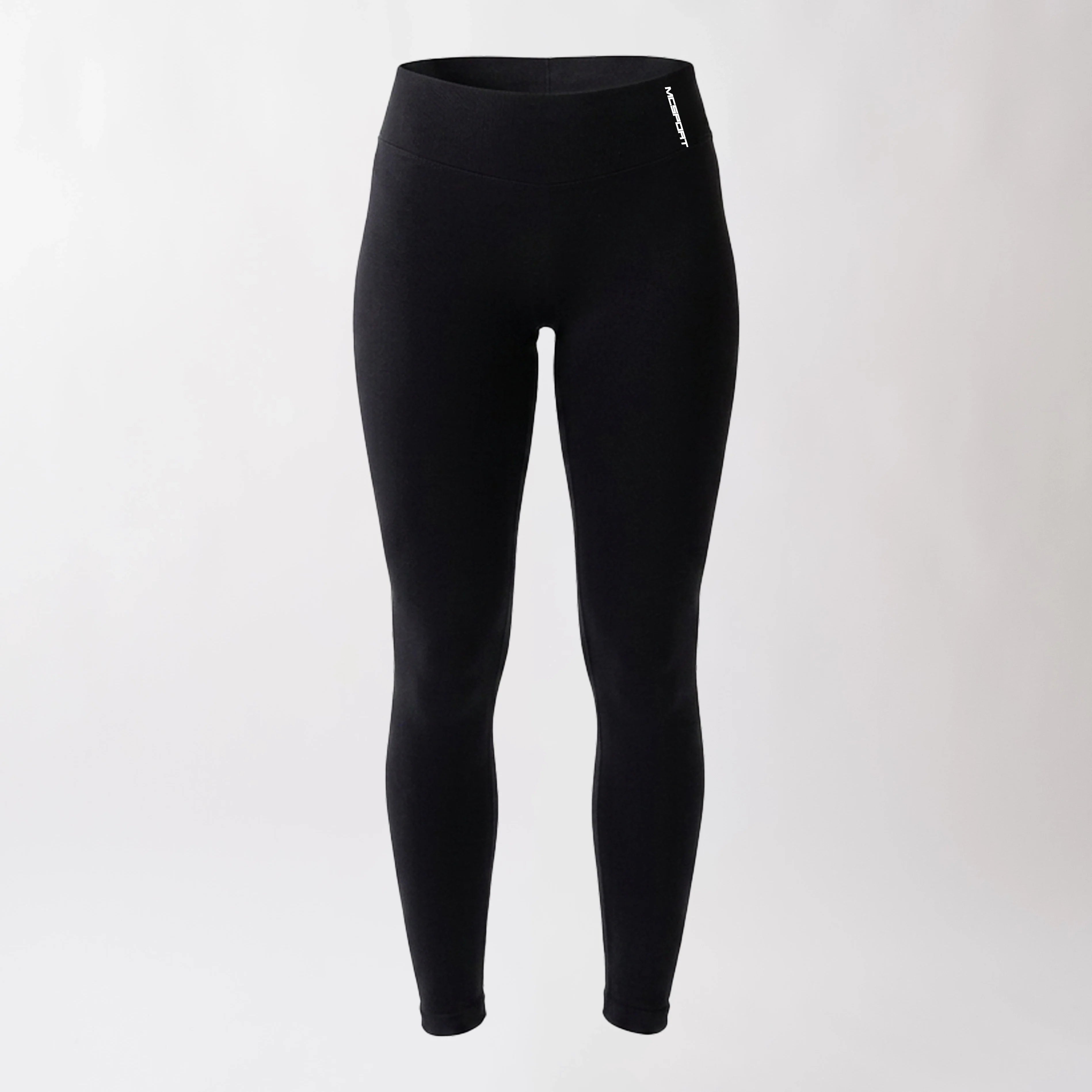 Leggings sportivi neri da donna con fascia alta in vita, morbidi ed elasticizzati. 