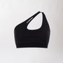 Top sportivo monospalla nero da donna dal design moderno ed essenziale, con supporto confortevole e tessuto elasticizzato. 